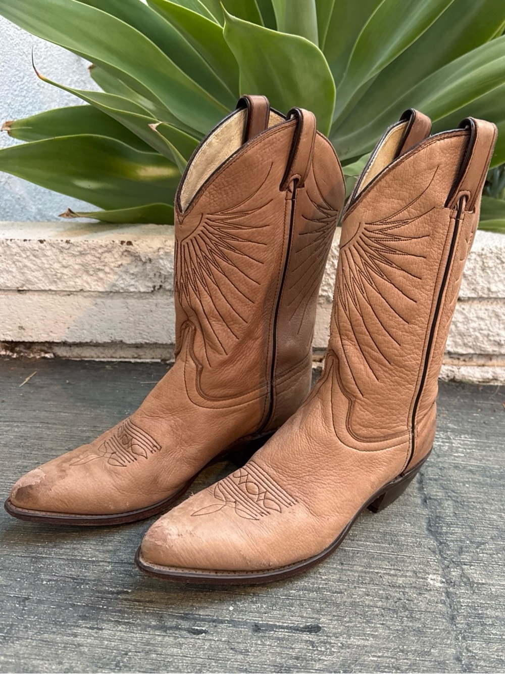 Tan leather vintage  cowboy boots with embroidered wing and leaf designs 8